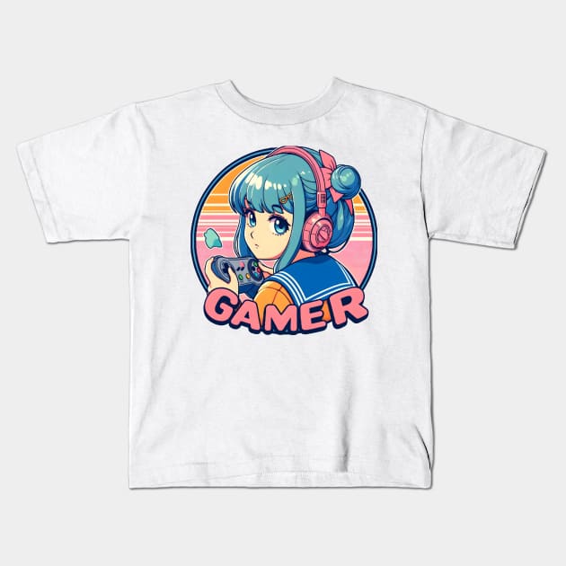 Cute Anime gamer girl Kids T-Shirt by Japanese Fever